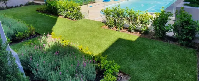 Window reflection creating hotspot on synthetic turf near patio door.
