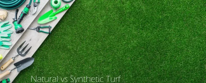 Homeowner brushing artificial lawn with plastic broom for maintenance