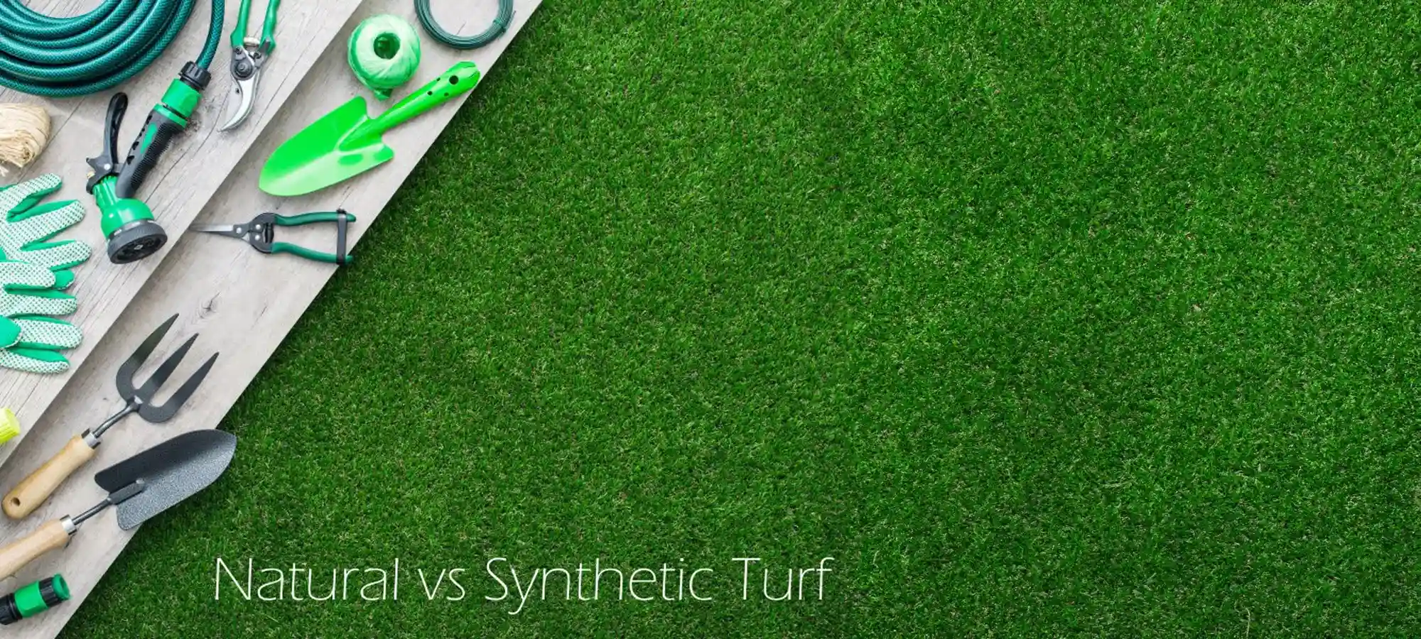 Homeowner brushing artificial lawn with plastic broom for maintenance